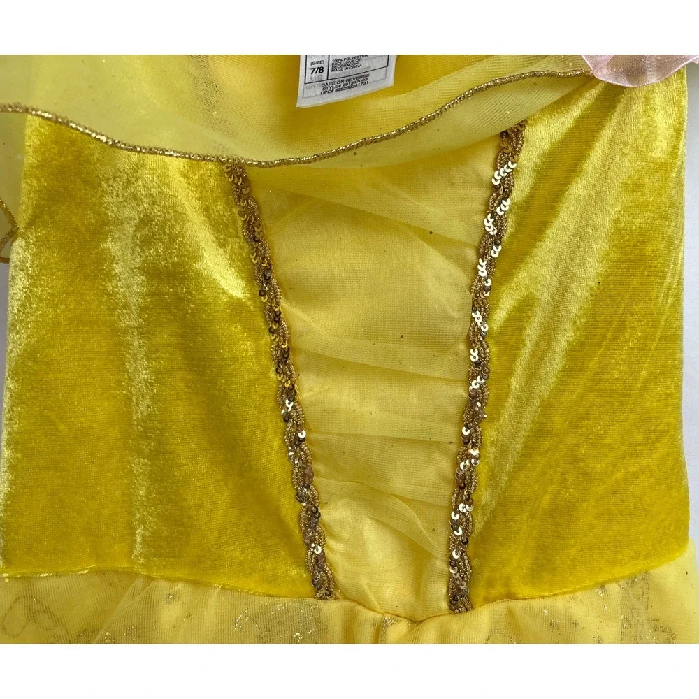 Disney Store Girl 7/8 Belle Beauty Beast Dress Yellow Costume Princess Roses - Picture 4 of 5